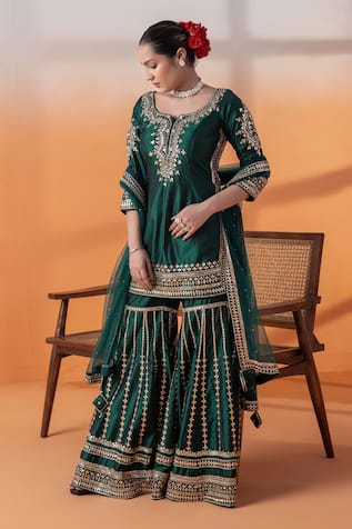 RAJ ARORA Bottle Green Silk Applique & Cutdana Kurta Set 