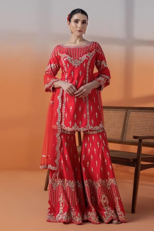 RAJ ARORA Red Silk Gharara Set with Dupatta 