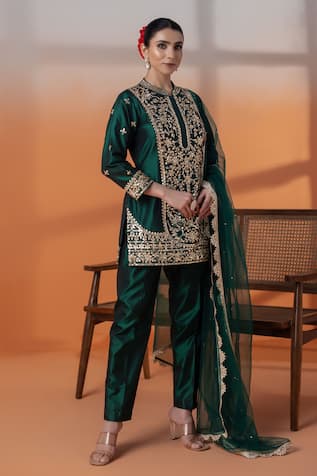 RAJ ARORA Bottle Green Silk Kurta Set 