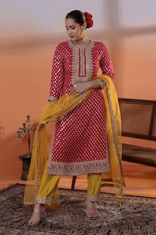 RAJ ARORA Magenta & Mustard Applique Kurta Set 