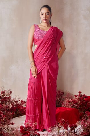 Tarini Vij Pink Pre-Draped Sharara Saree Set 
