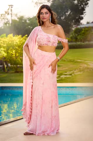 Aariyana Couture Pink Chiffon Embroidered Draped Skirt Set 