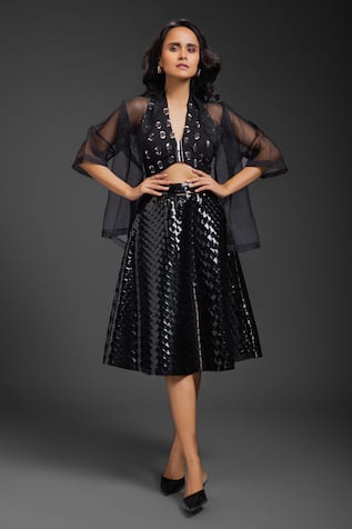 Deepika Arora Black Vegan Leather Midi Skirt 