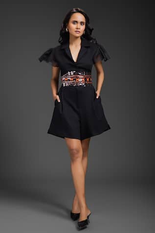 Deepika Arora Black Ponte Roma Playsuit With Belt 