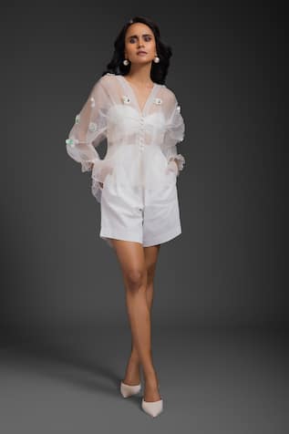 Deepika Arora White Organza Embroidered Top & Bustier Se 