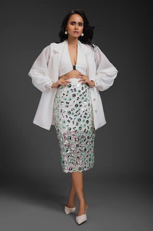 Deepika Arora White Crepe Blazer & Skirt Set 
