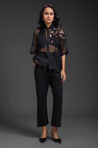 Deepika Arora Black Organza Embroidered Pant Set 