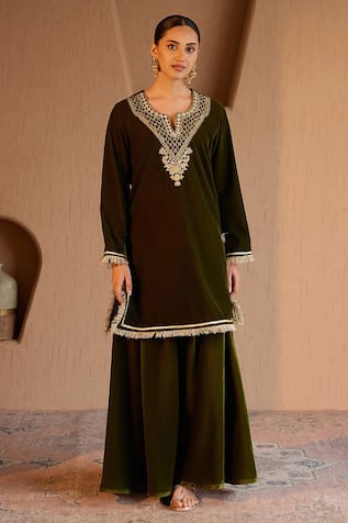 Nero India Embroidered Olive Velvet Kurta & Sharara Set 