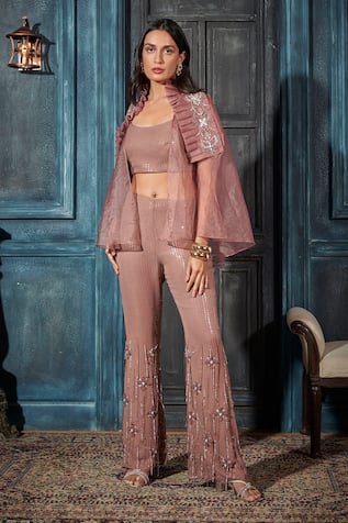 Rimple Agrawal Rose Gold Sequin Cape & Pant Set 