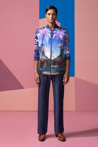 Nautanky Royal Blue Satin Bomber Jacket & Pant Set 