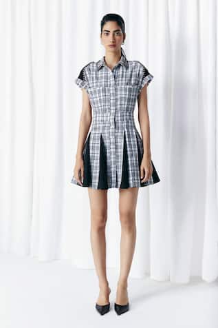 Mellowdrama Check & Solid Panel Studded Dress 