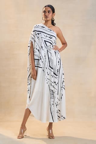 Vedika M Chevron One Shoulder Draped Dress 