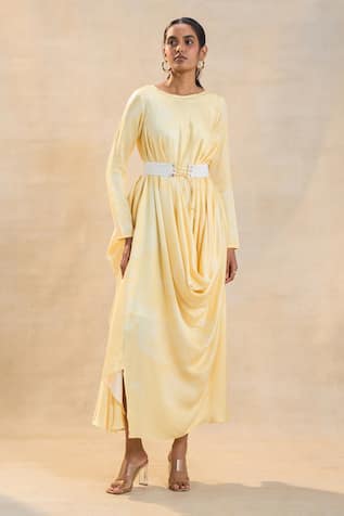 Vedika M Yellow Sunshine Drape Dress With Belt 