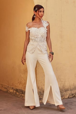 Label Moni K Designer Off White Top & Pant Set 