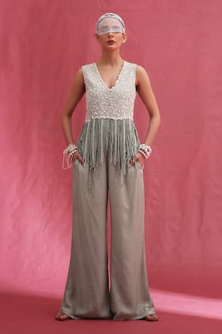 Urmil Mint Muslin Raw Silk Jacket & Pant Set 