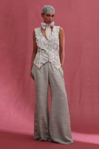 URMIL Mint Muslin Slub Jacket & Pant Set 