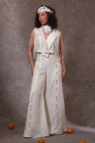 URMIL Off White Silk Jacket & Pant Set 
