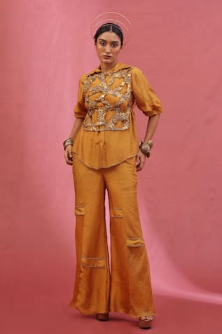 URMIL Gold Organza Embroidered Pant Set 