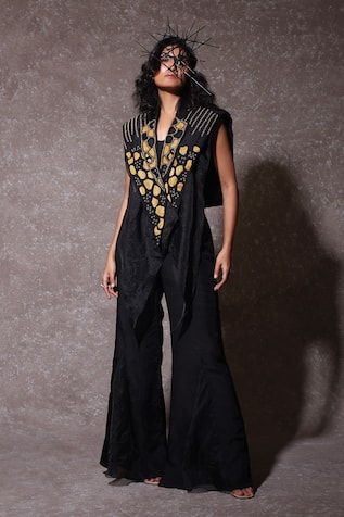 URMIL Black Silk Organza Cape Pant Set 