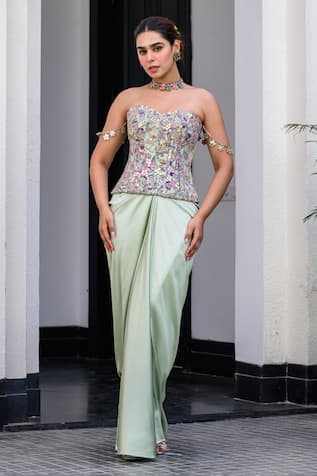 JUHI BENGANI Multi Colour Corset & Dhoti Skirt Set 