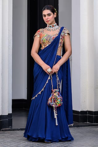 JUHI BENGANI Dark Blue Pre-Draped Saree Set 