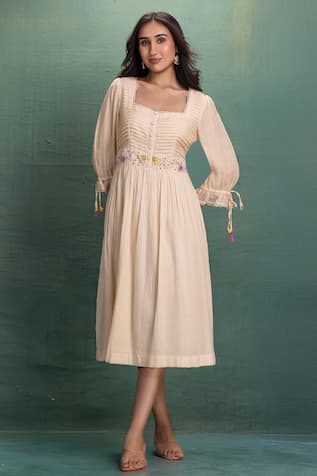 Kahani Lush Cream Hand Embroidery Midi Dress 
