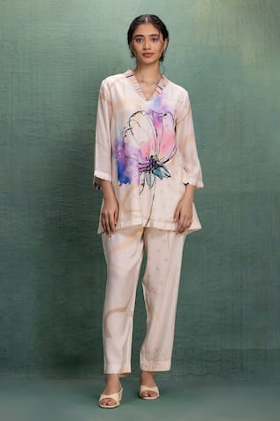 Kahani Lush Digital Print Beige Pant Set 