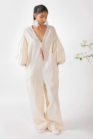 Nikasha Chilly Embroidered Cotton Seersucker Jumpsuit 