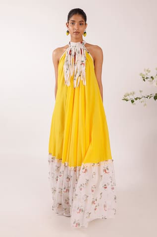 Nikasha Yellow Maxi Dress with Floral Hem 