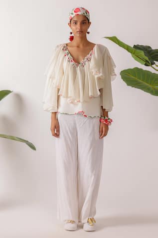 Nikasha Ivory Ruffle Top with Ribbon Embroidery 