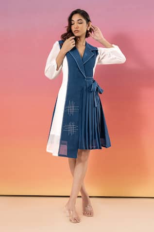 Savaaya Blue & White Linen Blend Designer Dress 