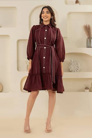 Savaaya Maroon Linen Blend Dress with Belt 