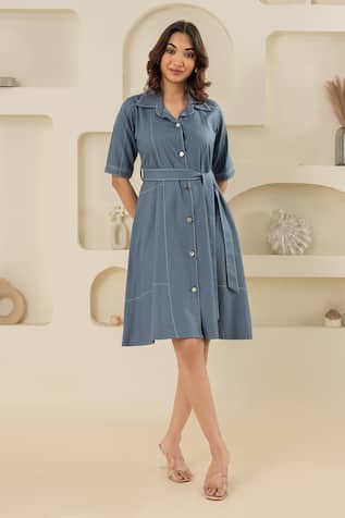 Savaaya Blue Cotton Denim Dress With Belt 