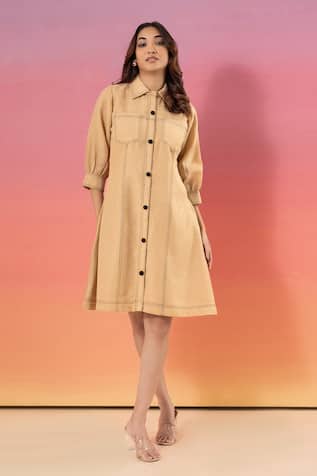 Savaaya Beige Linen Blend Short Dress 