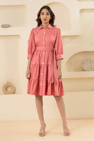 Savaaya Pink Cotton Denim Dress With Belt 