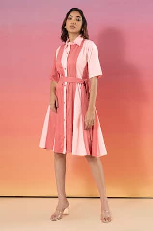 Savaaya Light Pink & Dark Pink Cotton Denim Dress 