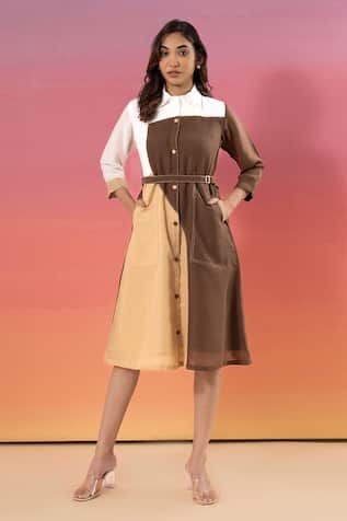 Savaaya Color Block Midi Dress With Belt 