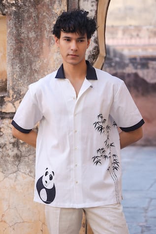 Raw & Rustic by Niti Bothra Panda Embroidered Cuban Collar Shirt 