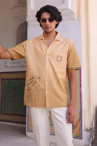 Raw & Rustic by Niti Bothra Peach Horse Embroidered Cuban Collar Shirt 