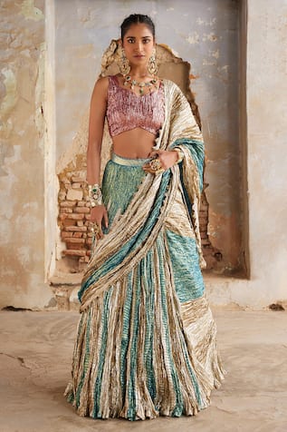 Etasha by Asha Jain Turquoise Copper Pre-Draped Saree & Blouse Set 