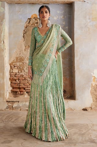 Etasha by Asha Jain Sea Green Pre-Draped Saree & Blouse Set 