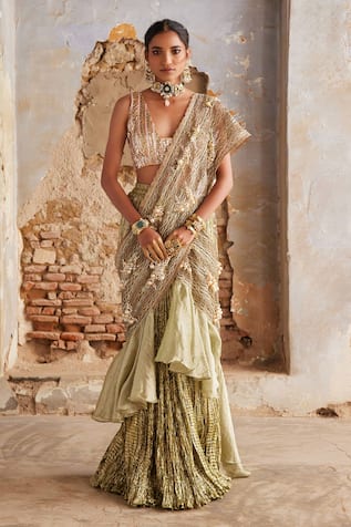 Etasha By Asha Jain Lime Green Textured Metallic Pre-Draped Saree & Blouse Set 