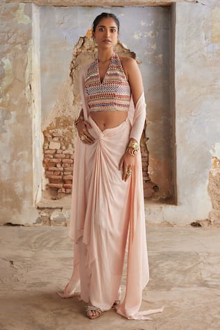 Etasha by Asha Jain Baby Pink Draped Skirt & Bustier Set 