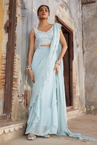 Etasha by Asha Jain Ice Blue Pre-Draped Saree Set 