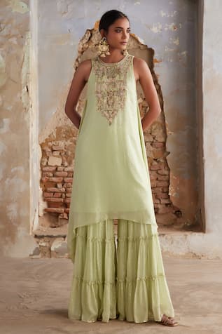 Etasha by Asha Jain Lime Green Georgette Kurta Sharara Set 