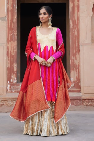 Etasha by Asha Jain Red & Fuschia Kurta Palazzo Set 