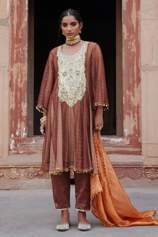 Etasha by Asha Jain Coffee Metallic Mesh Anarkali Set 