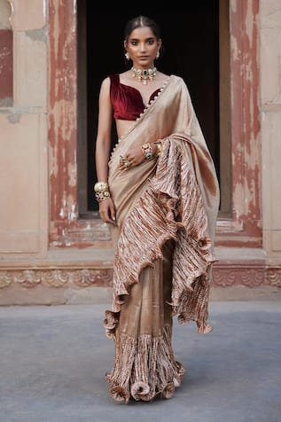 Etasha by Asha Jain Champagne Tissue Striped Saree & Velvet Blouse Set 