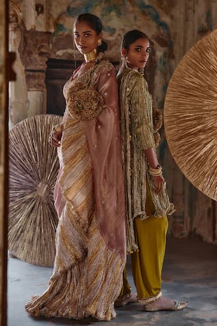 Etasha By Asha Jain Salmon Pink Tissue Saree & Blouse Set 