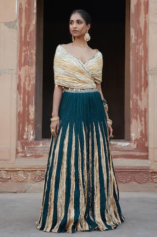 Etasha by Asha Jain Bottle Green Fusion Lehenga Set 